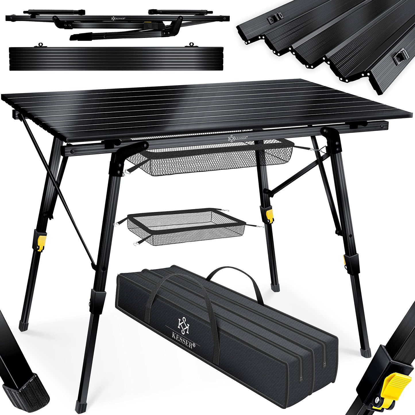 Faltbarer Campingtisch mit Aluminiumrahmen, 90 cm x 53 cm Schwarz