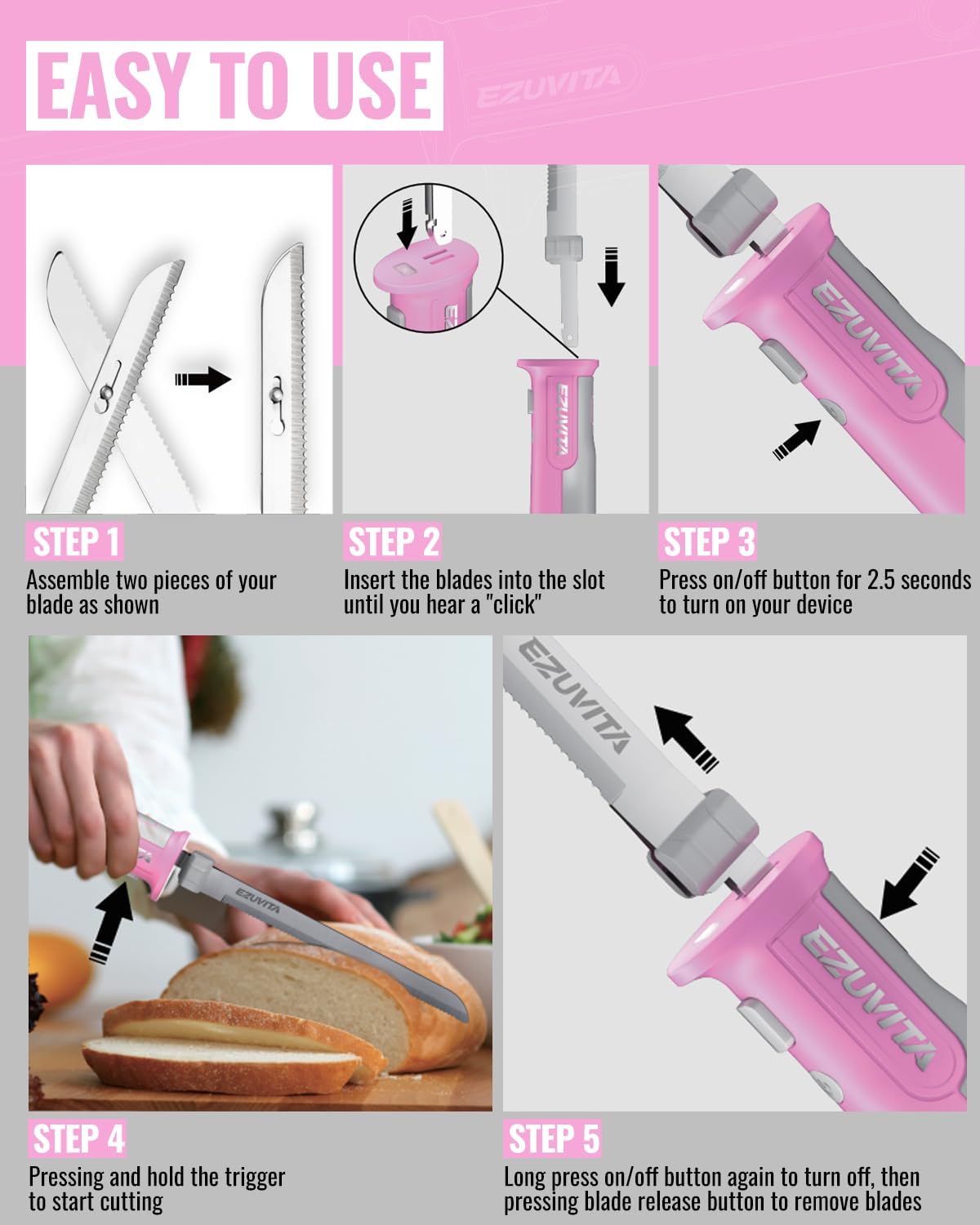 Kabelloses Elektromesser mit Edelstahlklingen, Rosa