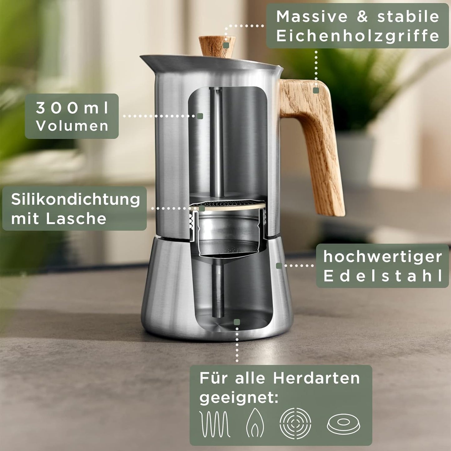 Mokka Espressokocher, Edelstahl 6 Tassen
