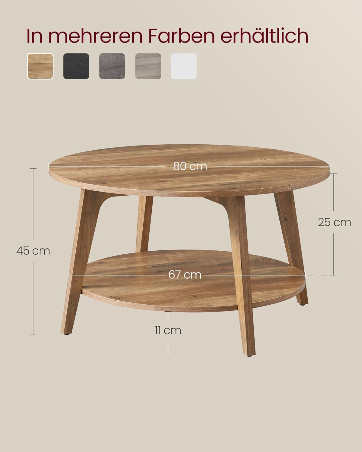Runder Couchtisch mit 2 Ebenen, 80 cm Durchmesser, Honigbraun