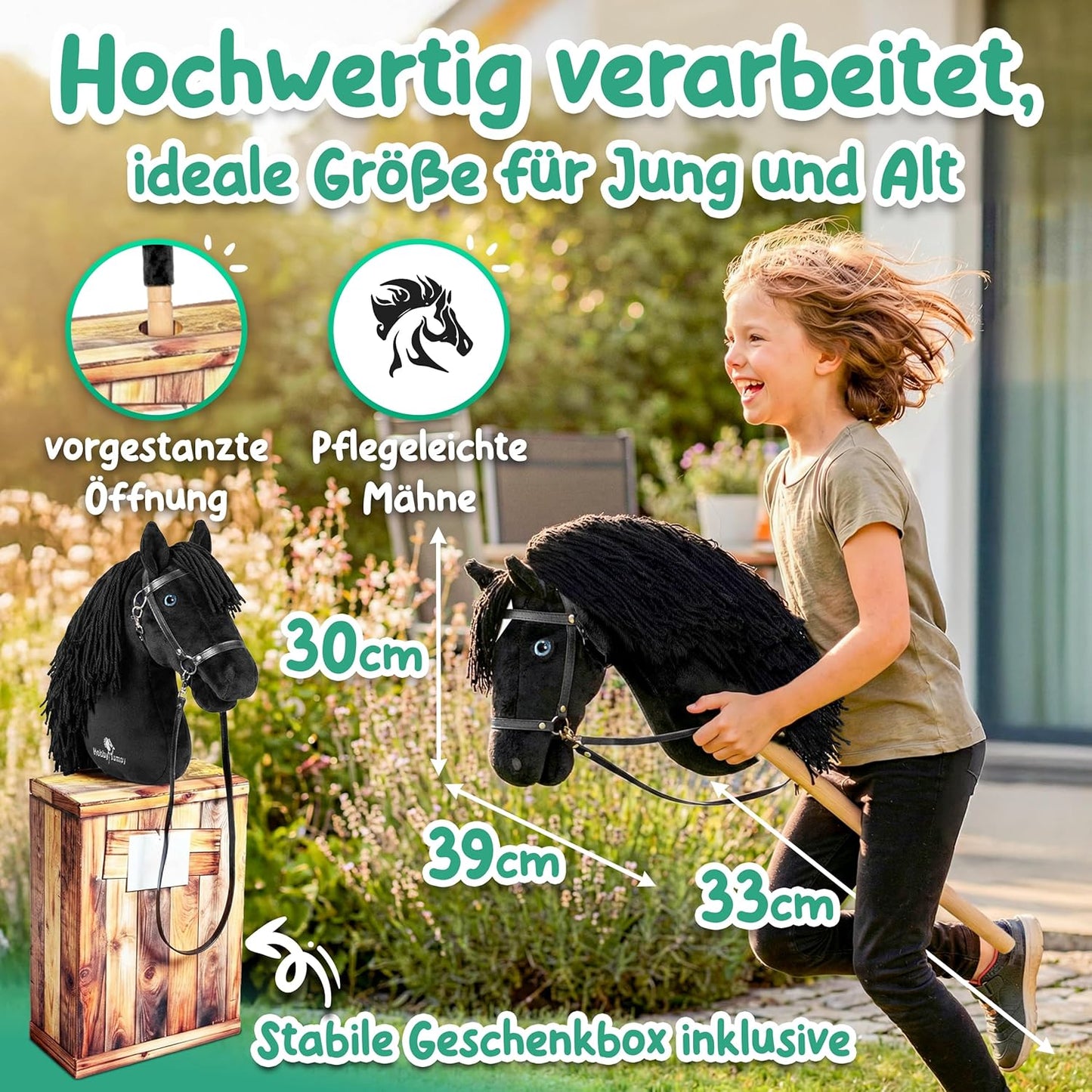 Blue SoulSteckenpferd mit realistischen Augen und Stall-Geschenkbox, Schwarz