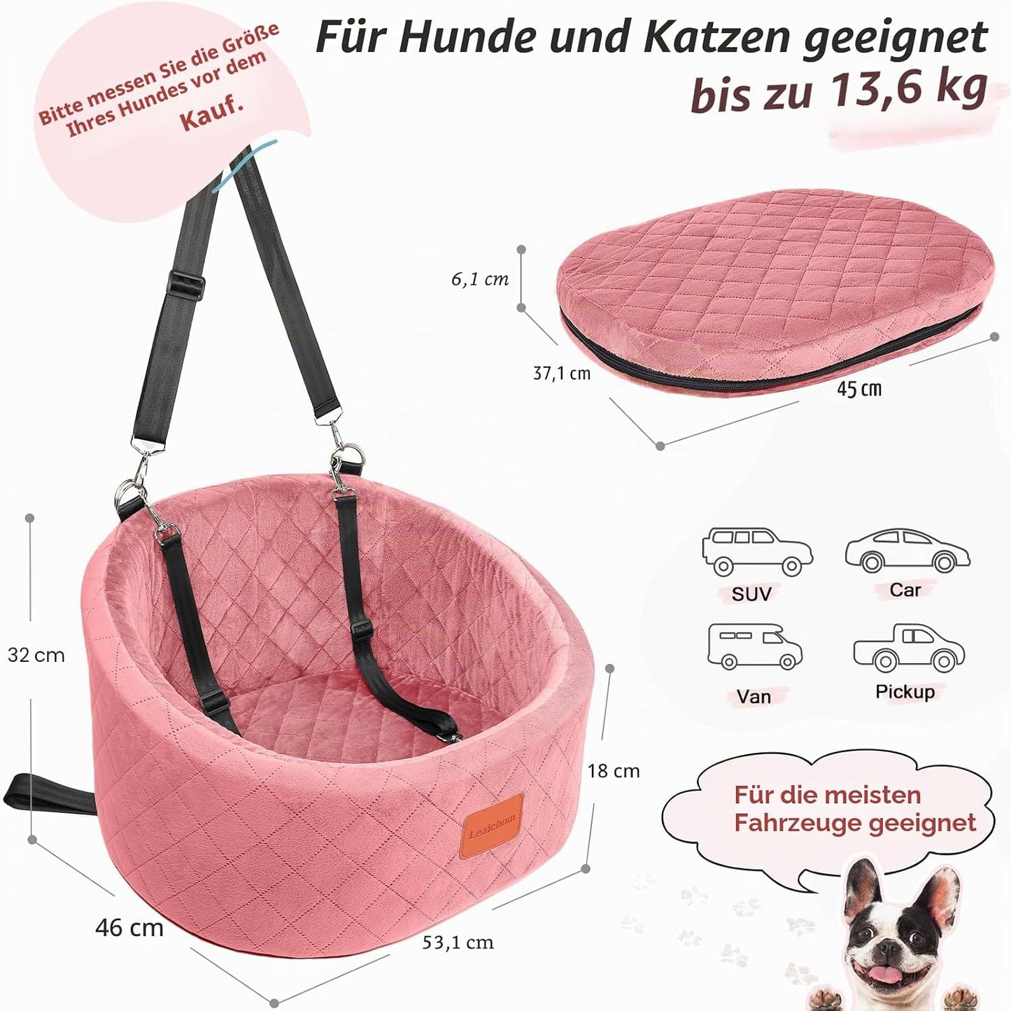 Hunde-Autositz mit Sicherheitsleine und rutschfester Unterseite, Pink Small