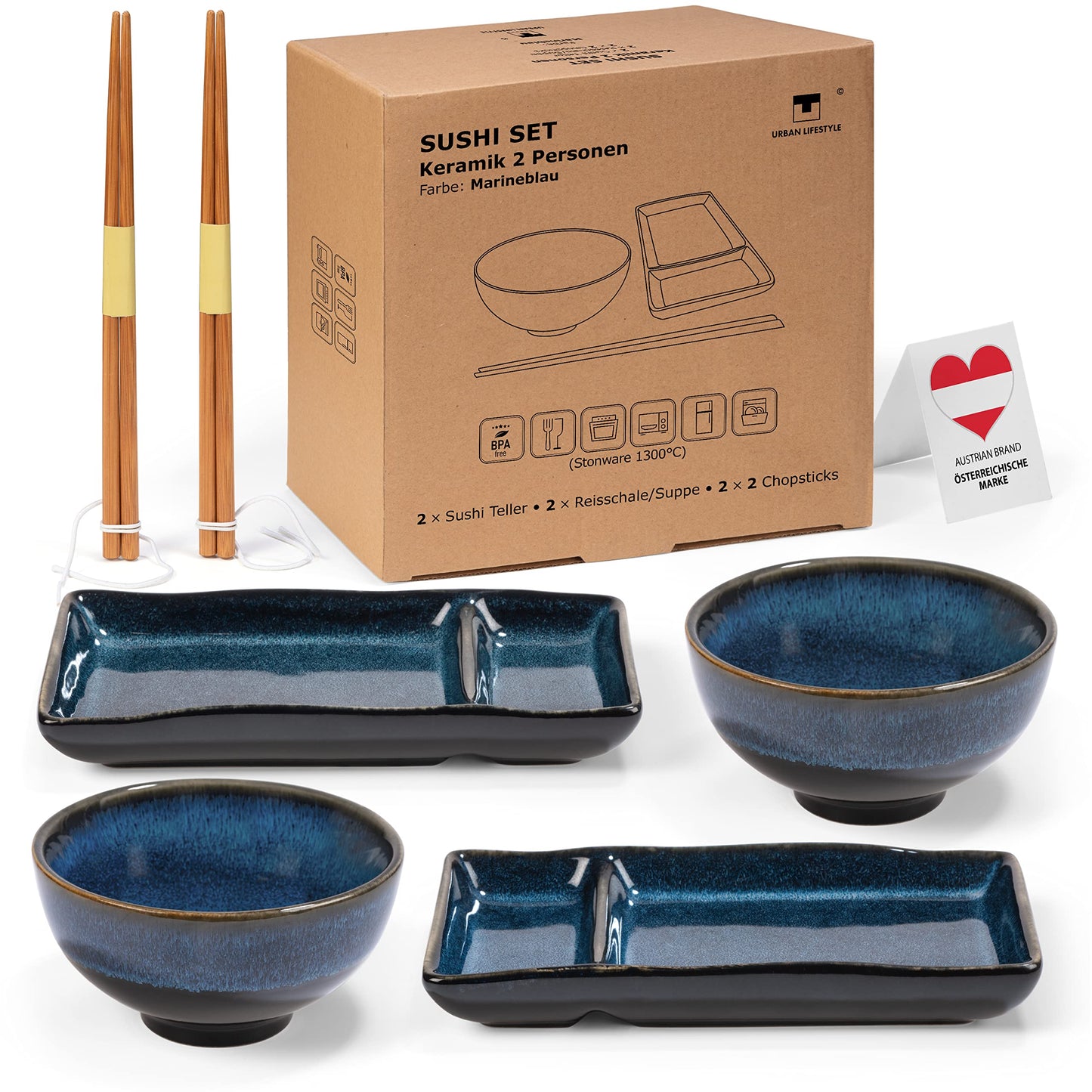 6-teiliges Sushi-Geschirr-Set für 2 Personen, Marinblau