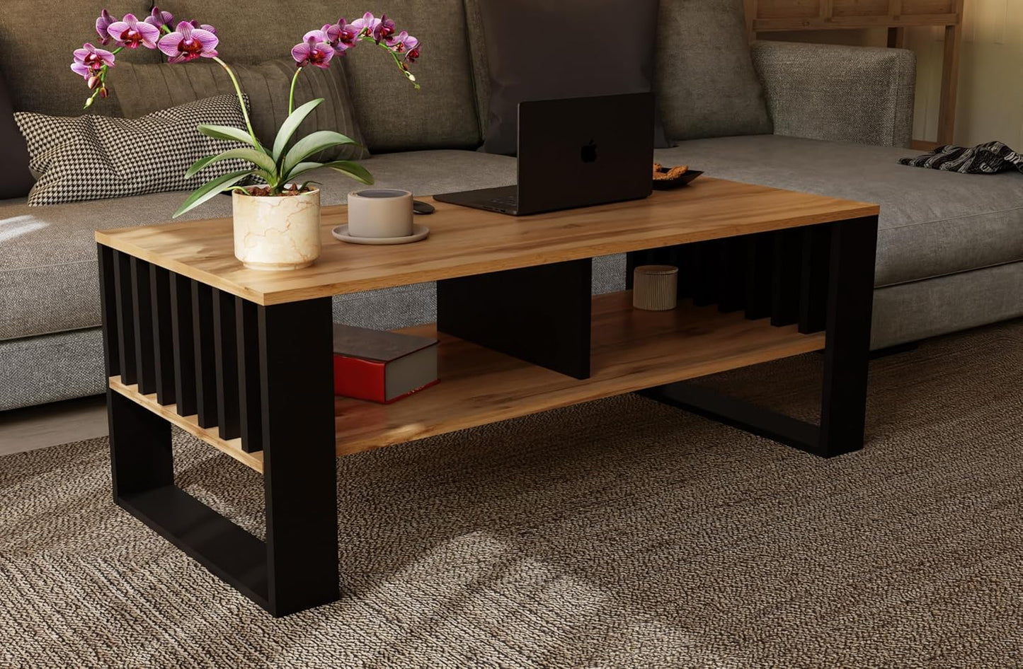 Moderner Couchtisch mit Stauraum und Lamellenelementen, Ewige Eiche
