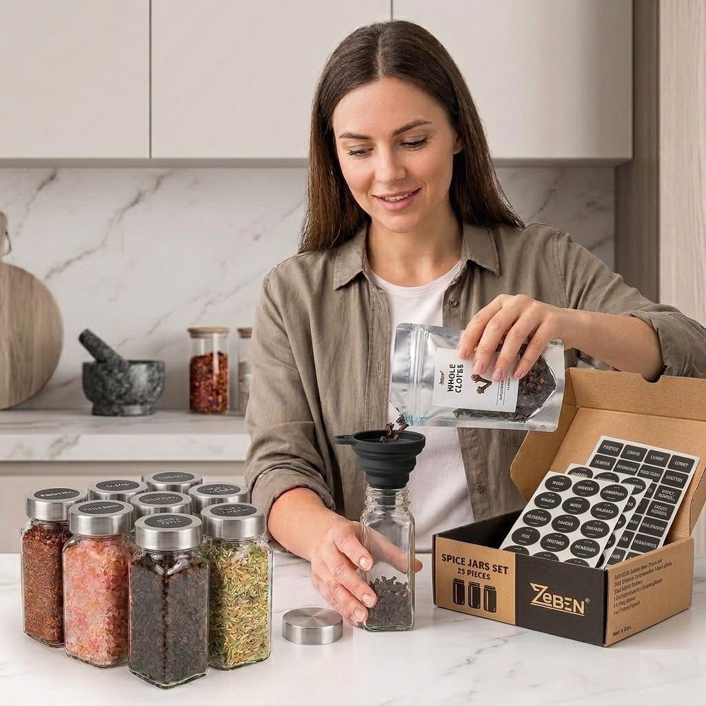 Gewürzgläser-Set mit Etiketten, 25 Stück, Edelstahl Lid