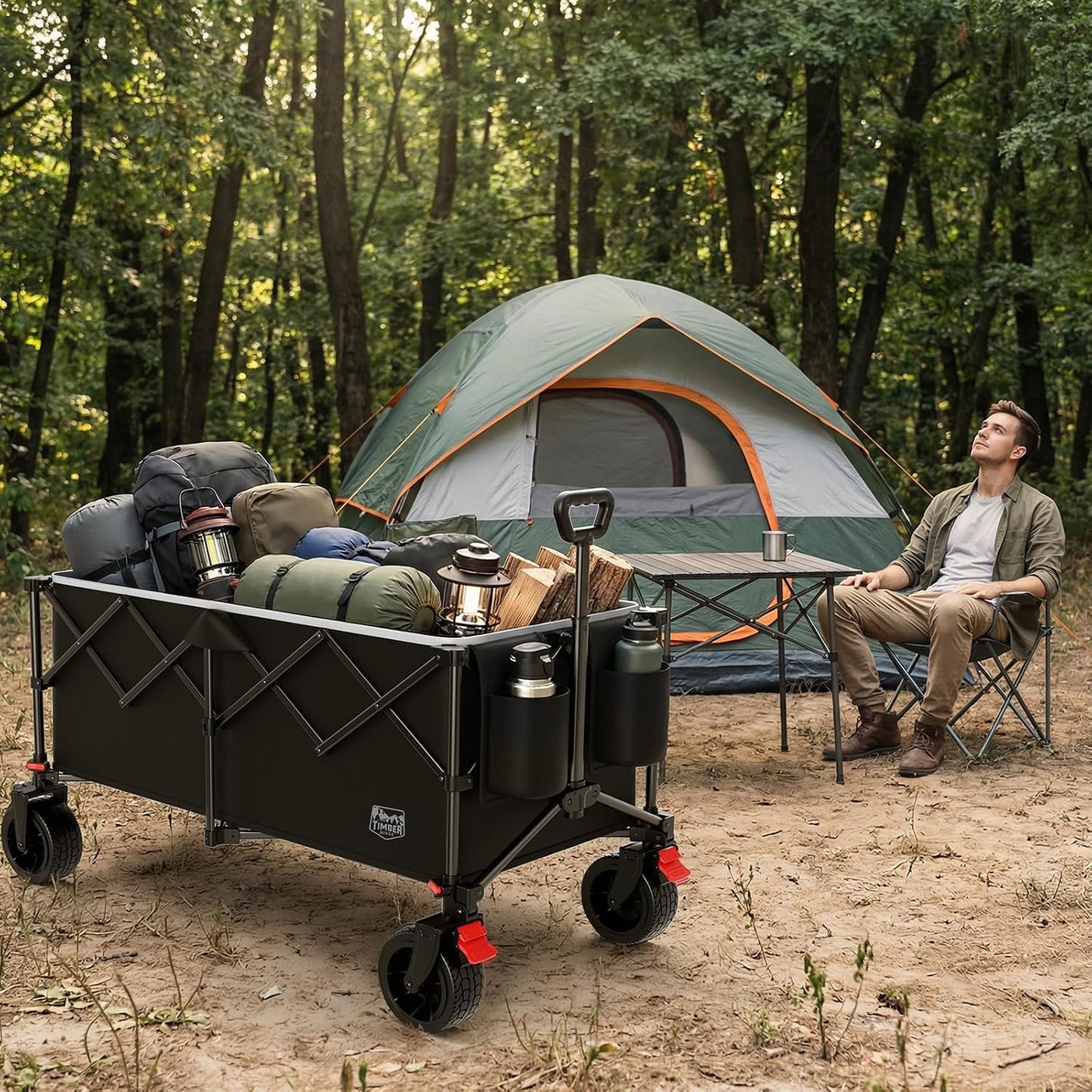 Faltbarer Bollerwagen mit All-Terrain Rädern 150kg, Schwarz