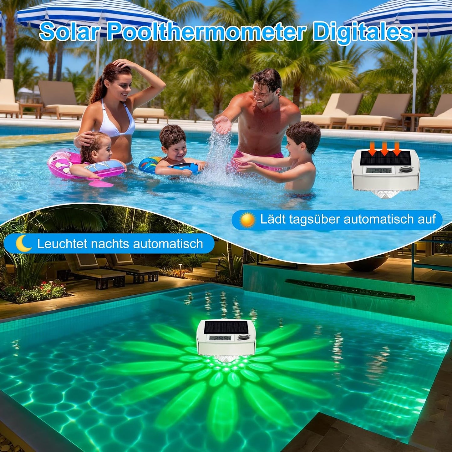 2-in-1 Solar Poolthermometer mit LCD & Lichteffekten, 2 in 1 Solar Poolthermometer-Weiss