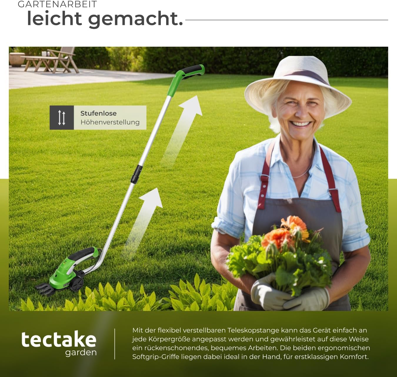 Akku-Heckenschere mit Grasschere und Teleskopstange