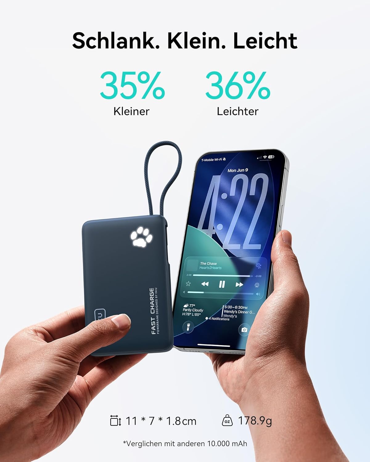 Powerbank P41L mit integriertem USB-C Kabel, Blau