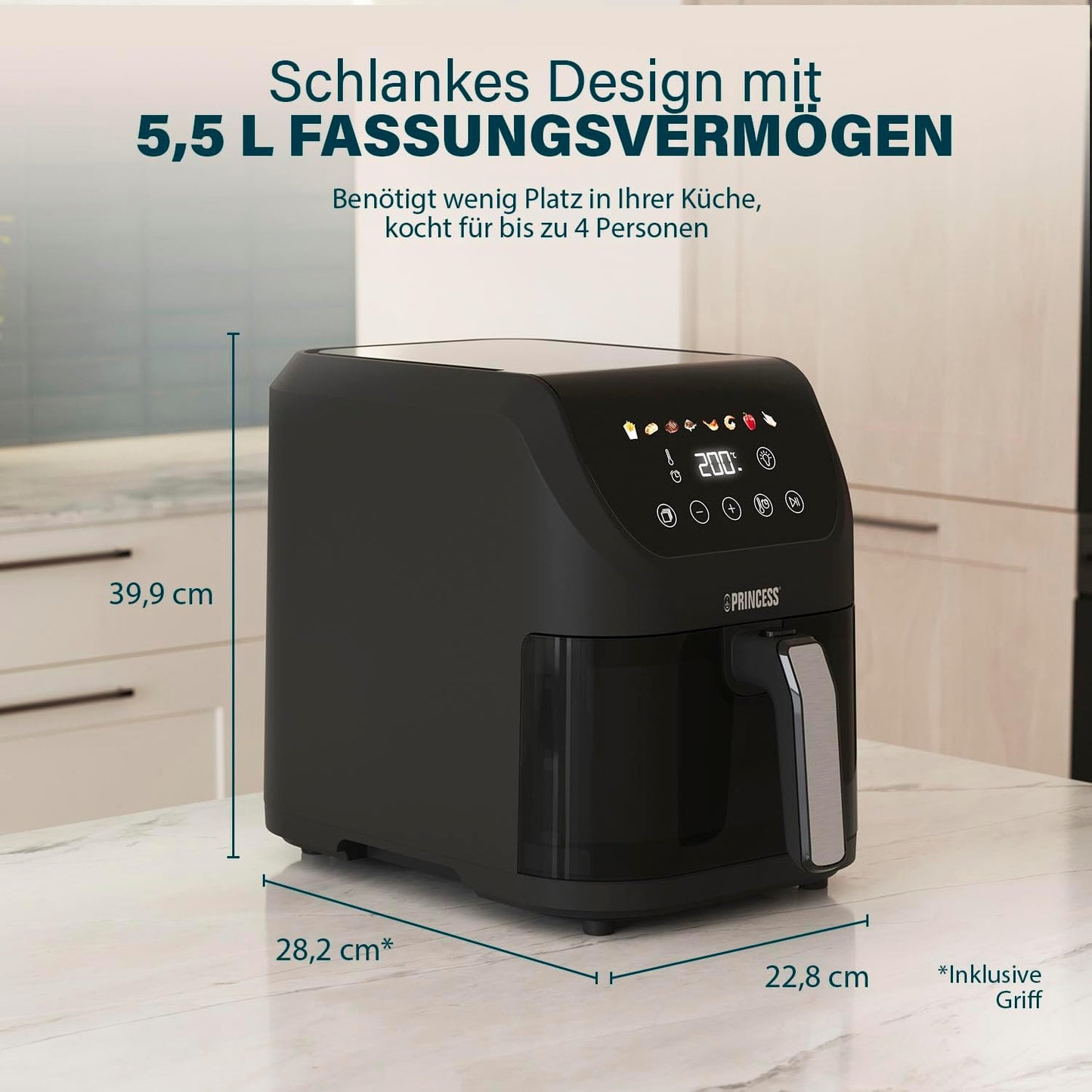 Slim Airfryer mit Antihaftbeschichtung, Bunte Symbole / 5L