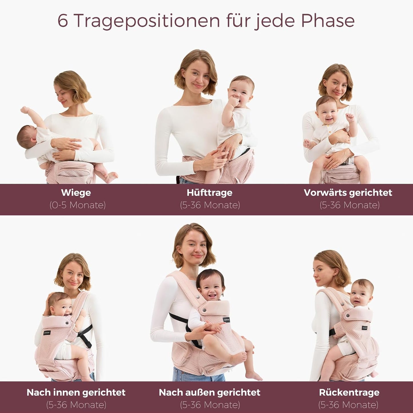 2-in-1 Verstellbare Babytrage mit Hüftkissen, Rosa