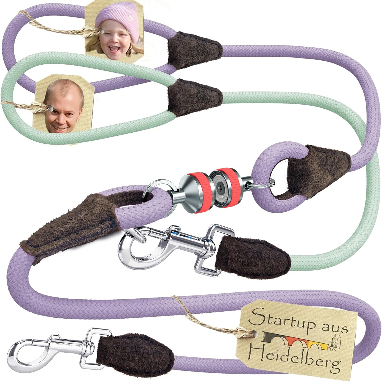 Kindersichere Hundeleine mit Magnetschlaufe, 65cm + 70cm (Kinderschl.) und 54cm (Elternschl.) / Flieder Lila - Mint