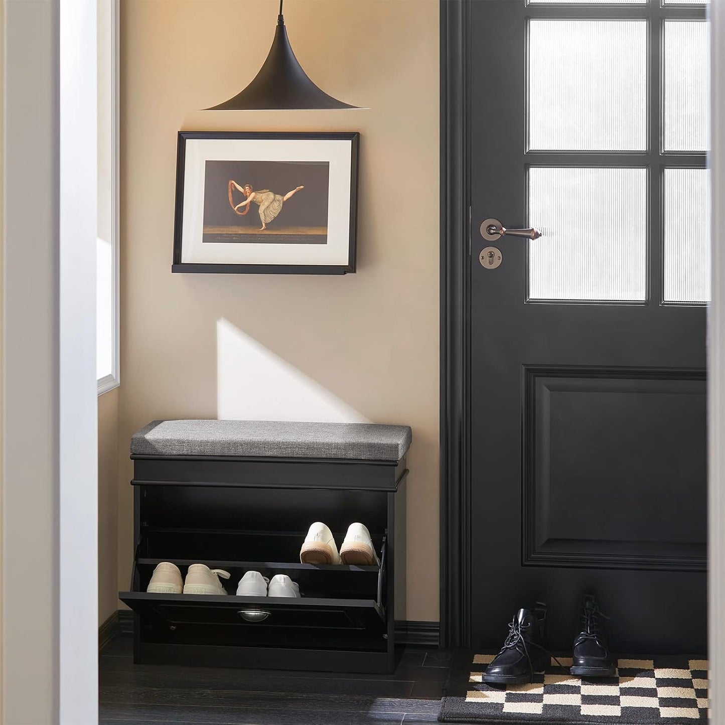 Schuhbank mit Sitzkissen und Stauraum, 61 x 51 x 24 cm Schwarz