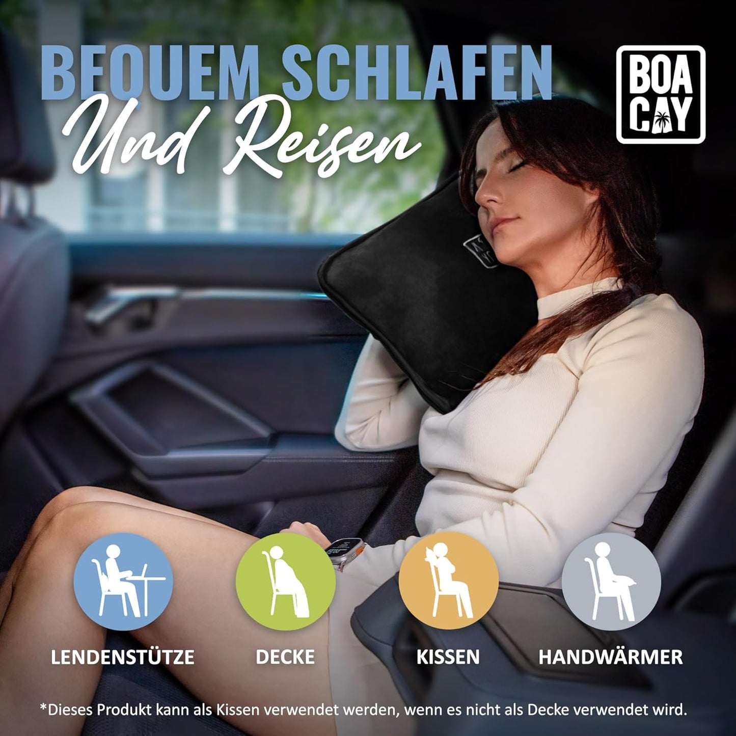 Reisedecke mit Kissen & Rucksackclip, Schwarz
