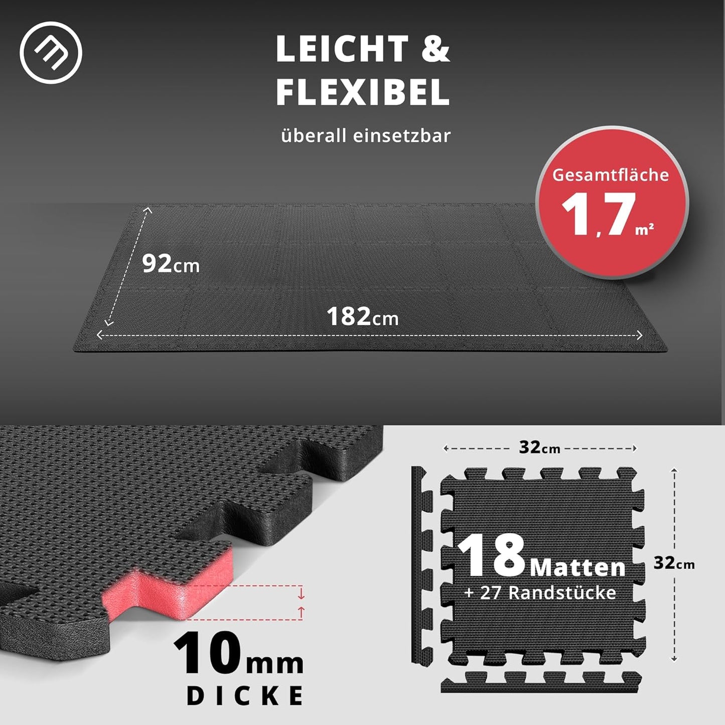 Gymnastikmatte Puzzlematte, Anthrazit | 18 Matten | 1,67 M² ; 32L x 32B x 1D cm