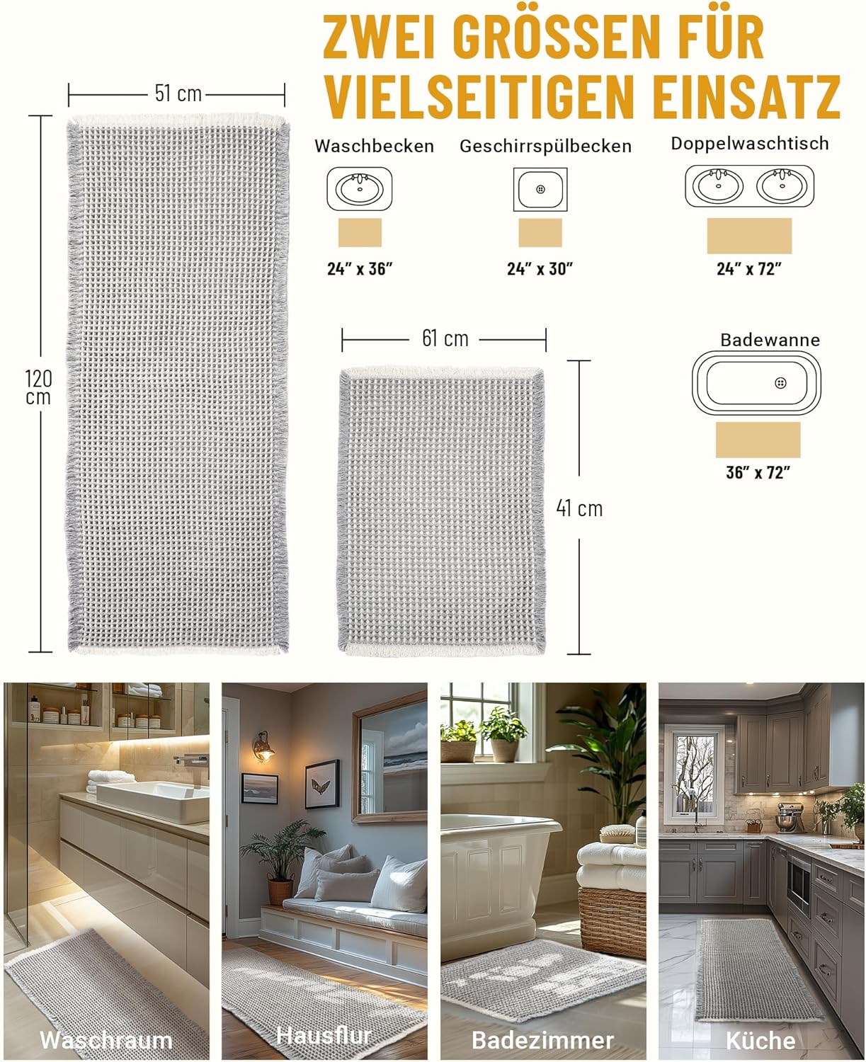 Boho Badteppich Set, rutschfest, Grau Weiss