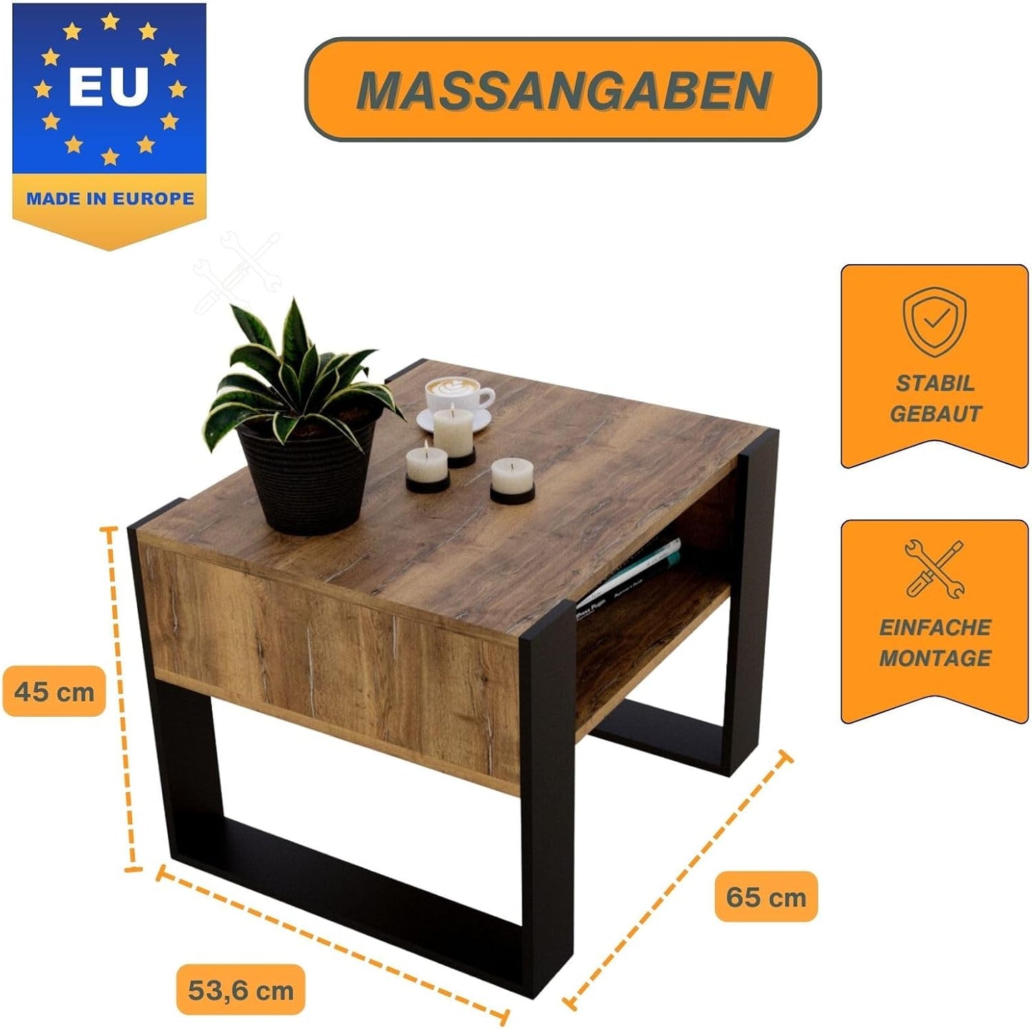 Wohnzimmer-Couchtisch mit Ablagefläche, 53,6T x 65B x 45H cm Retro-schwarz
