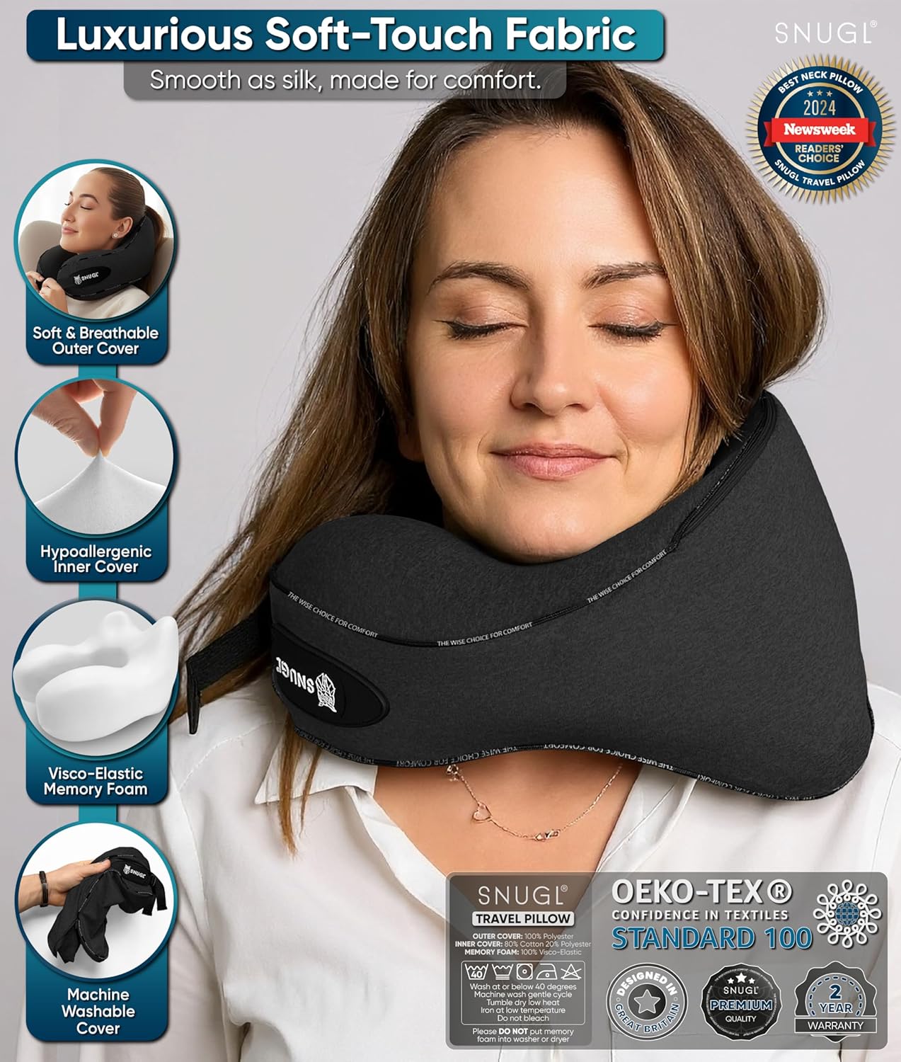 Verstellbares Memory Foam Nackenkissen für Reisen, Erwachsener Normal Schwarz