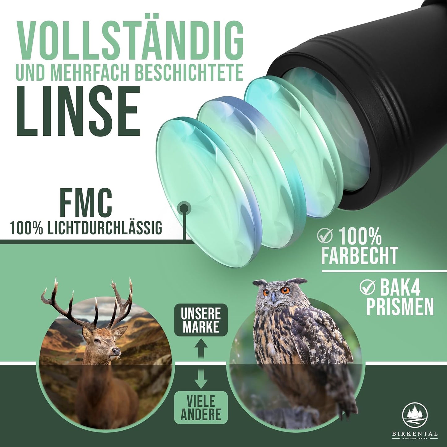 Fernglas mit Dioptrienausgleich & HD-Sichtfeld, Dioptrienausgleich für beide Augen (Schwarz) 10x50