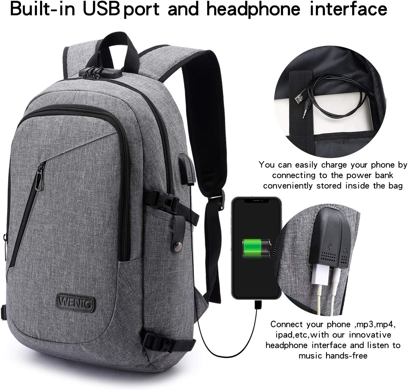 Laptop-Rucksack mit USB-Anschluss, Anti-Diebstahl-Schutz, 15,6 Zoll Grau