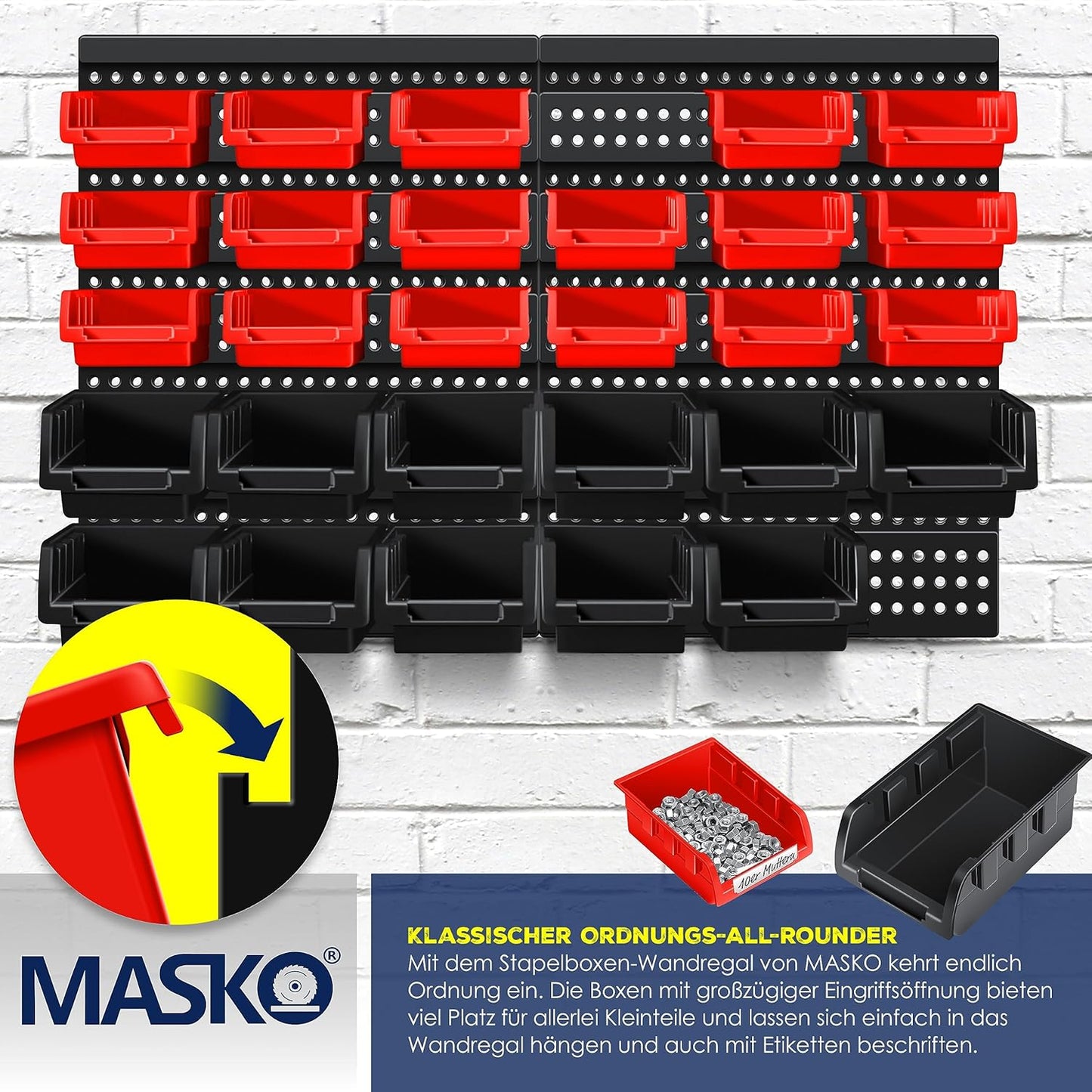 32-teiliges Stapelboxen Wandregal-Set, Schwarz / Rot