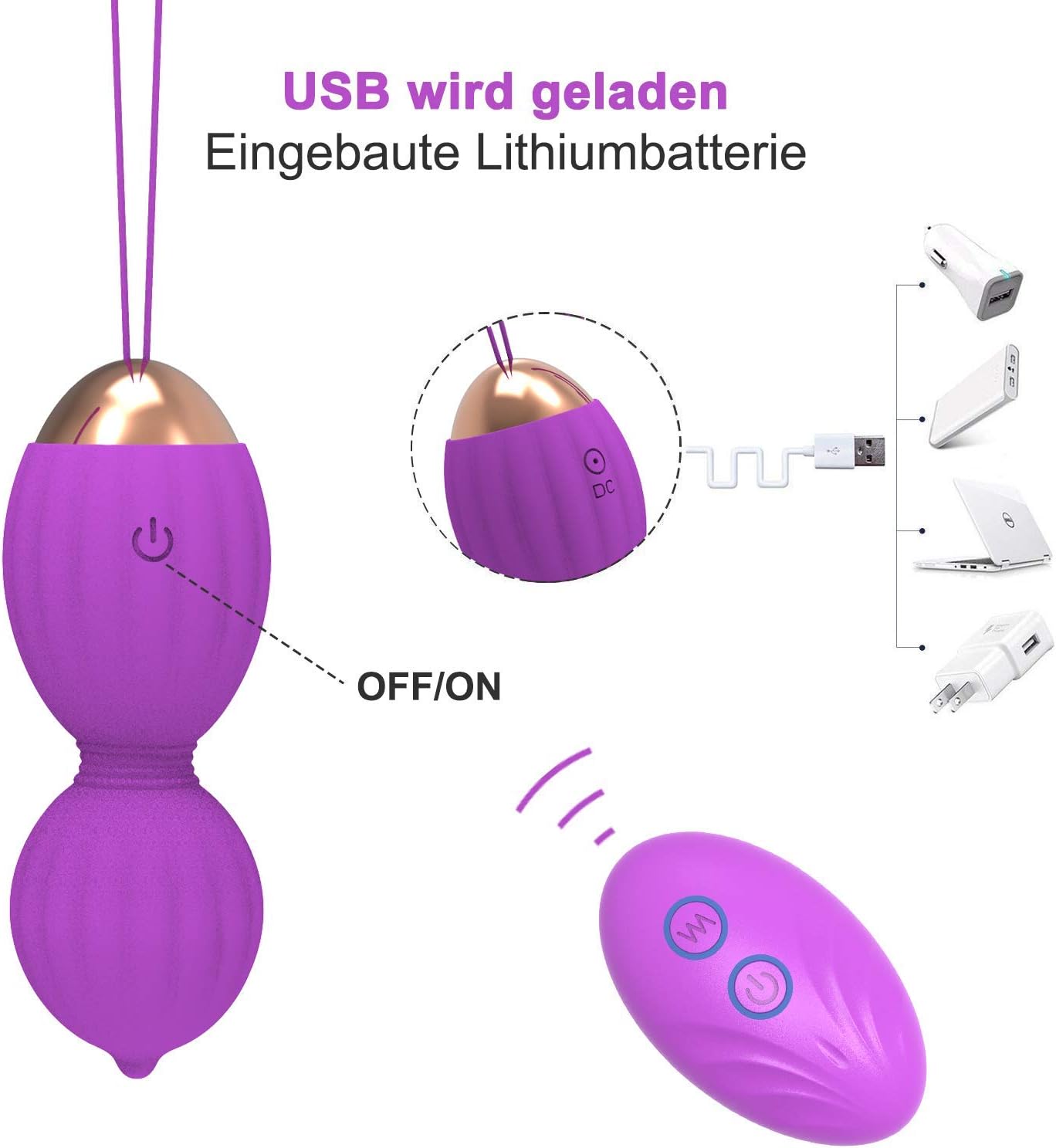 Beckenbodentrainer mit Vibrationsmodi und Fernbedienung, Lila