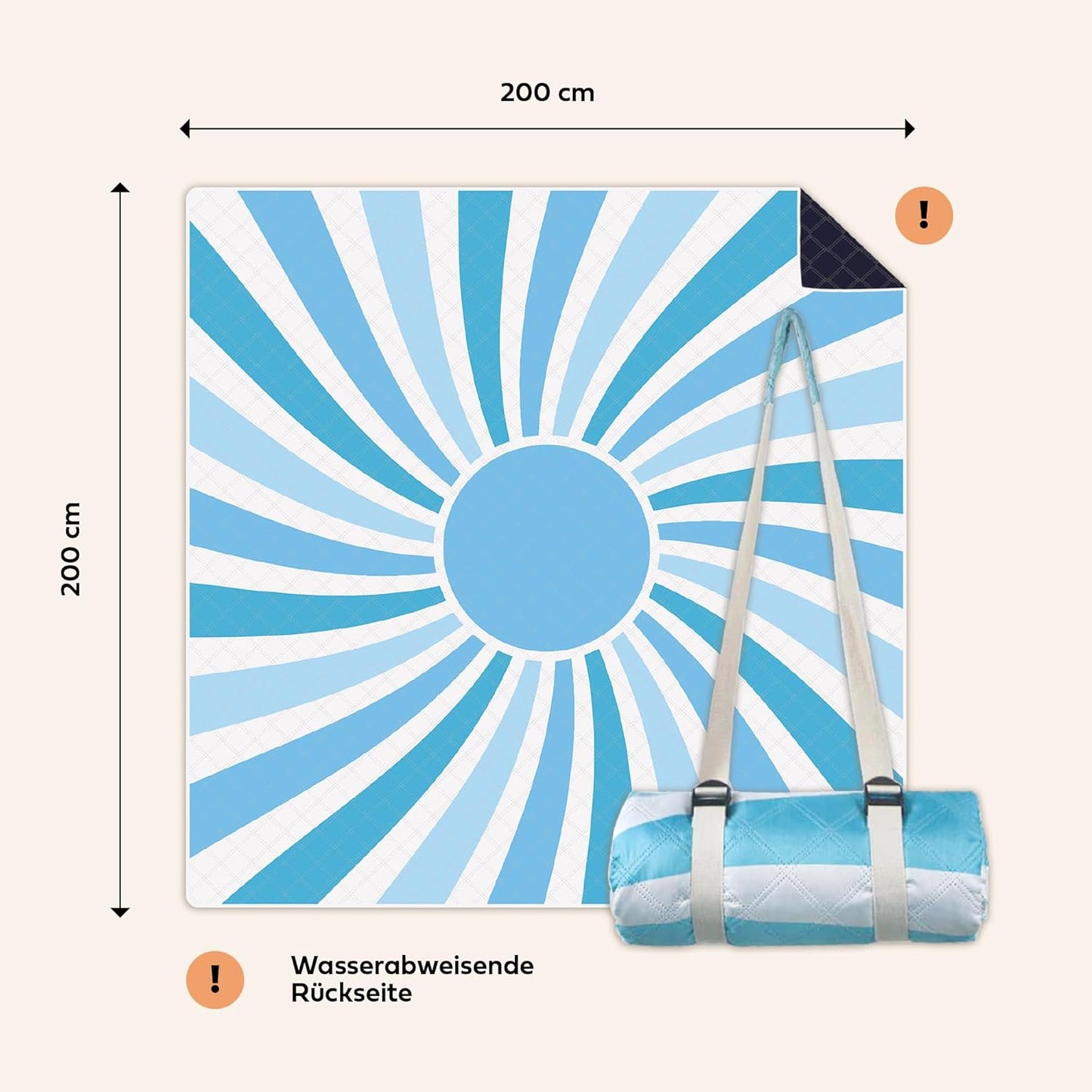 Extra grosse, wasserabweisende Picknickdecke, 200x200 cm, Sonne Blau