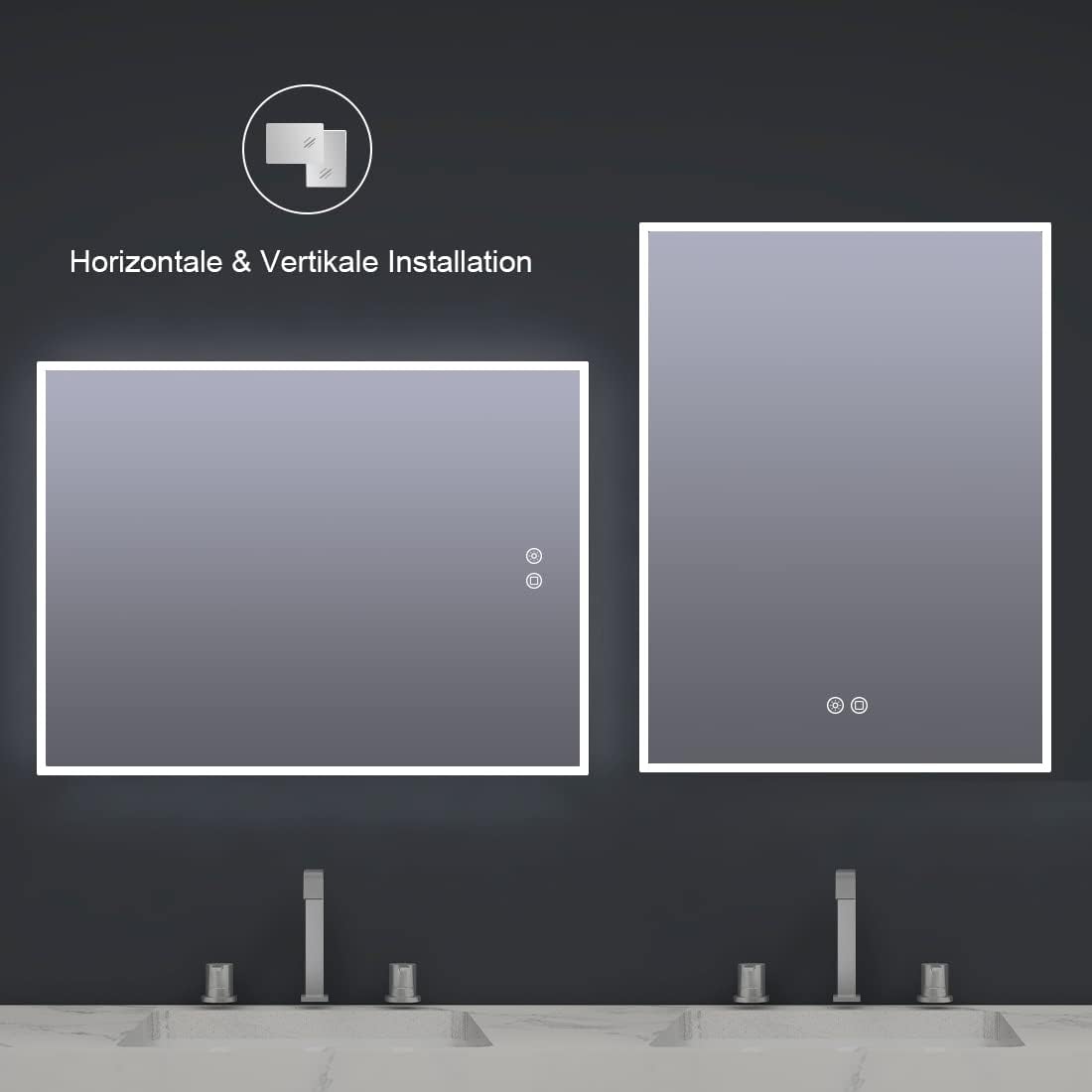 Badspiegel mit LED-Beleuchtung und Touchschalter, 80x60cm, 60x80CM Horizontal & Vertikal Ohne Wetterstation