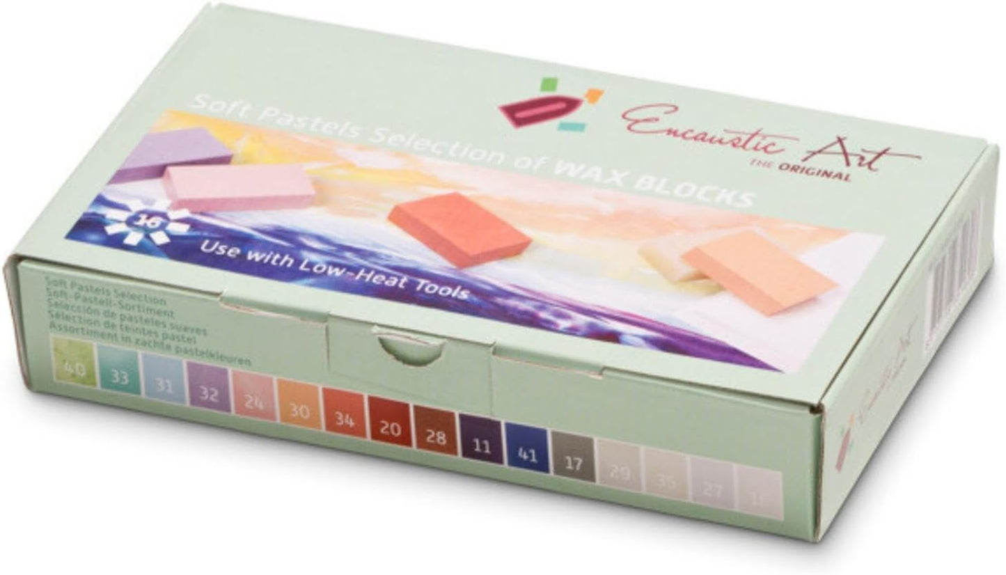 Encaustic Wachsblöcke-Set mit 16 Farben, Weiches Pastell-Set: Pastellblau, Bronze, Neongrün, Grau, Pastellorange, Blauviolett,