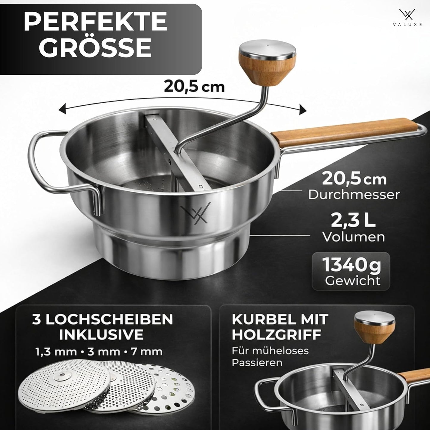 Passiermühle mit 3 Siebeinsätzen