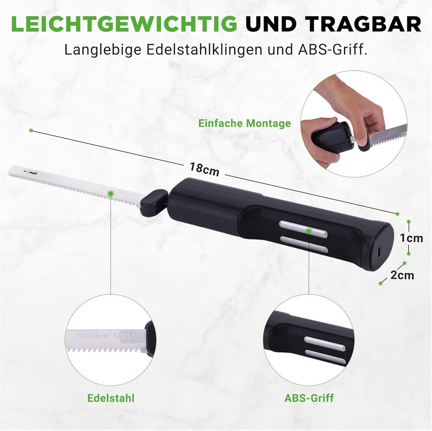 Elektrisches Messer mit ergonomischen Griff & Sicherheitsverriegelung, Schwarz