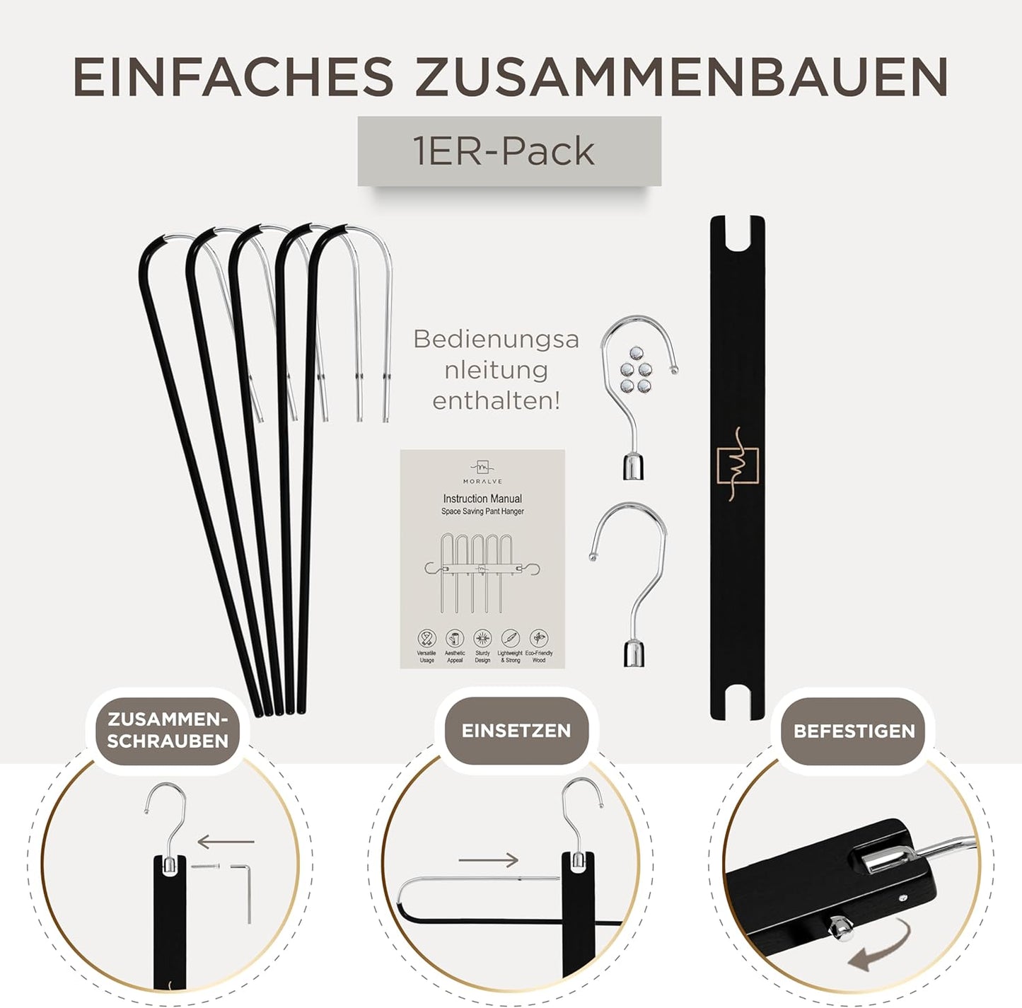 Hosenbügel aus Buchenholz mit Drehhaken, Schwarz 1er-Pack