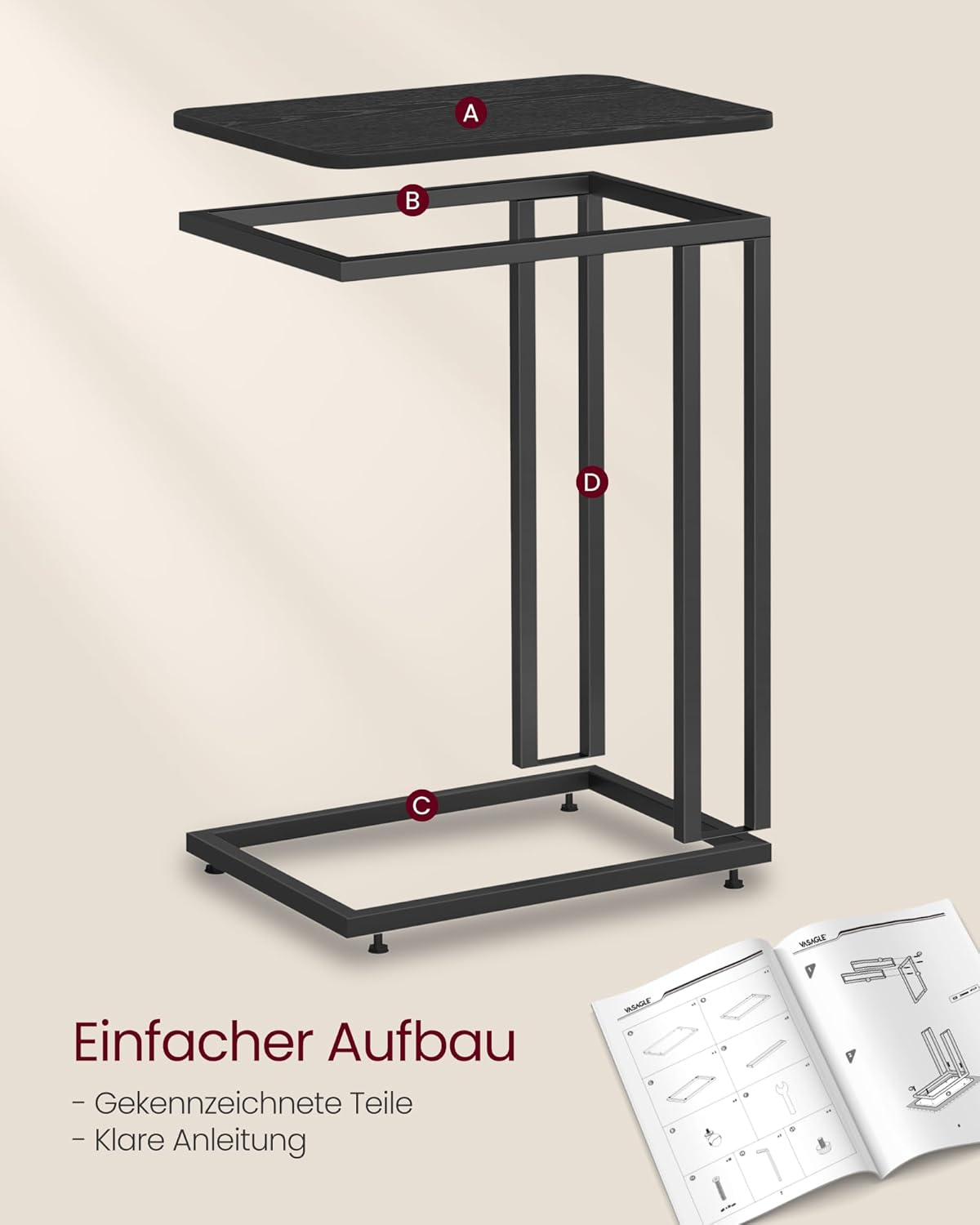 Beistelltisch C-Form mit Rollen, 35x50x60 cm, Ebenholzschwarz