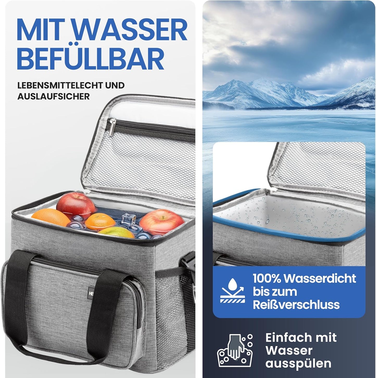 Faltbare Kühltasche mit Flaschenöfffner, wasserdicht & auslaufsicher, 10L (L29 x B20 x H22 cm) Hellgrau