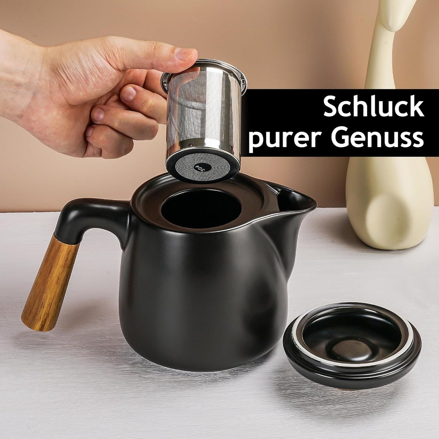 Teekanne-Set mit Siebeinsatz, Schwarz