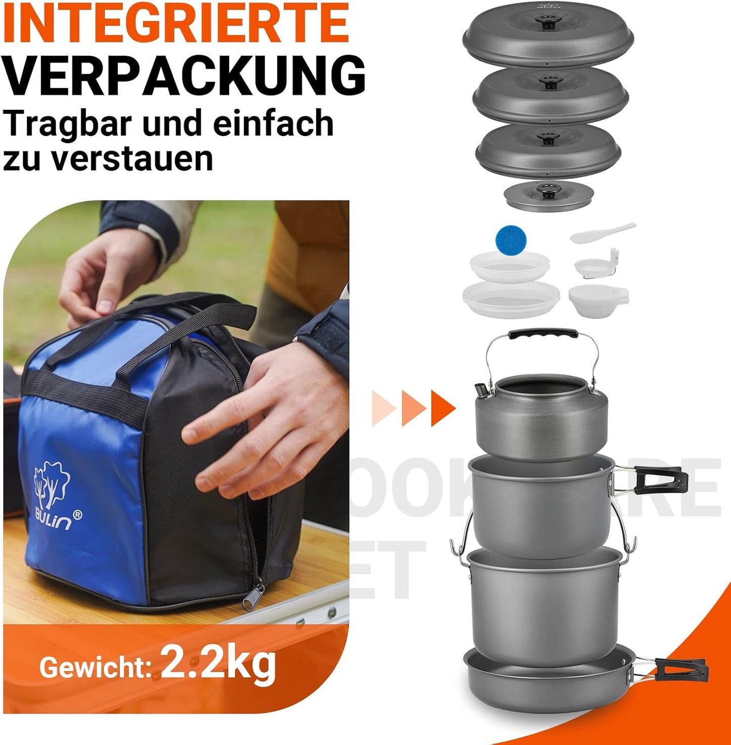 Camping Kochgeschirr-Set für 6 Personen, 6 Personen 10L Mit kessel