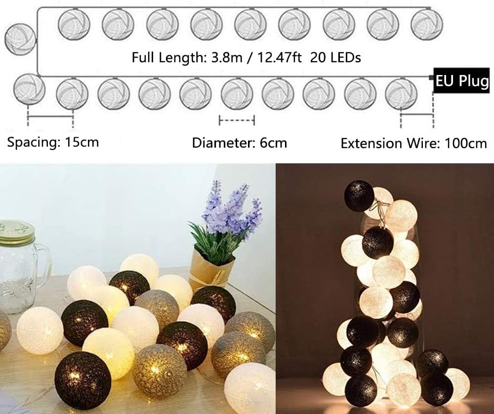 LED-Lichterkette mit 20 Baumwollkugeln, Grau Stecker