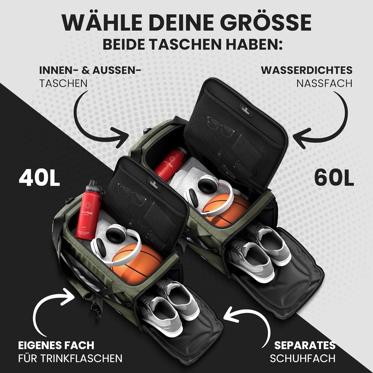 Sport- und Reisetasche mit Rucksack-Funktion, 60 L Grün
