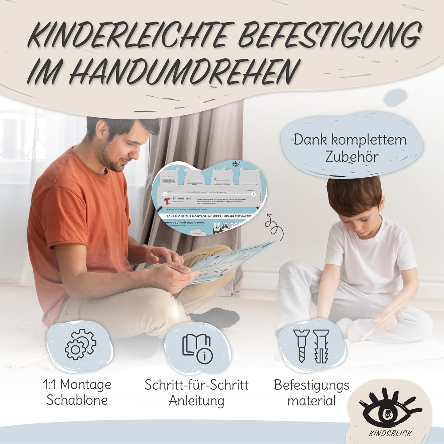 Kindergarderobe mit 4 Haken und A4 Poster, Junglefreunde Grau