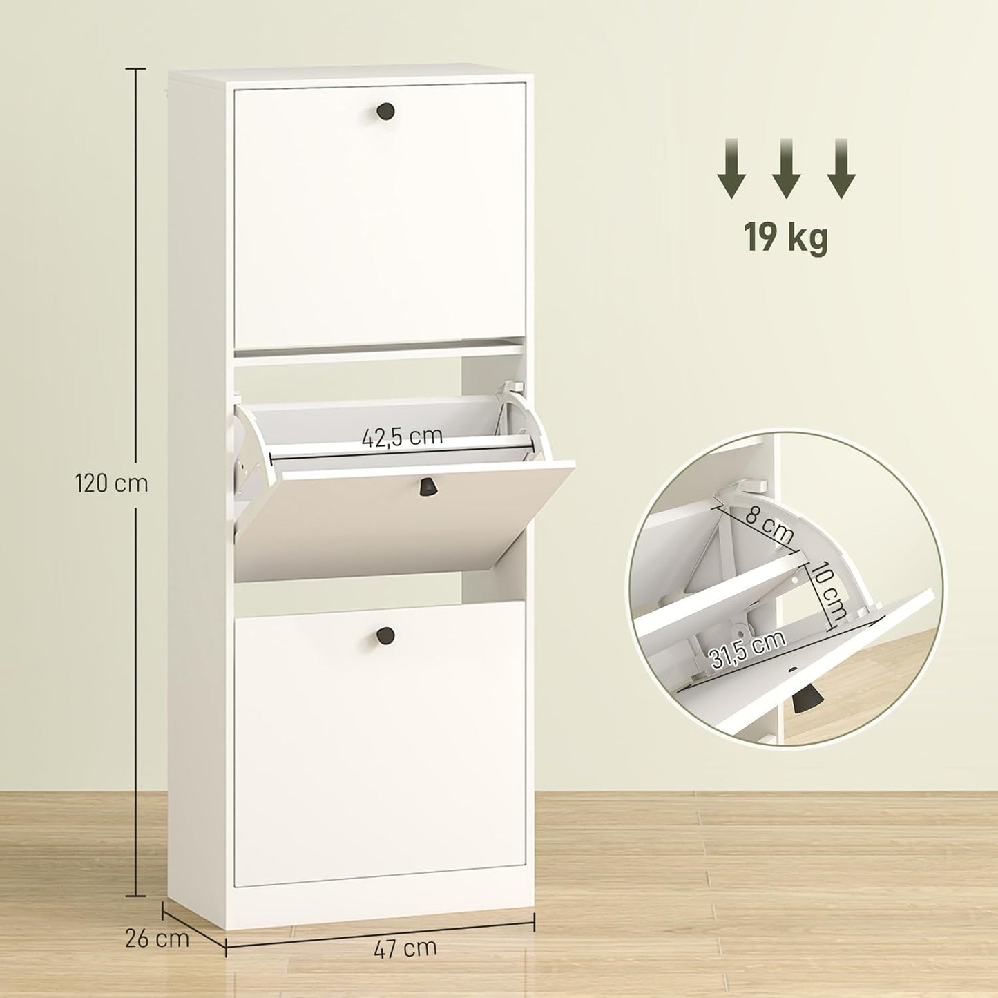 Schuhschrank mit 3 Klappen und verstellbaren Trennwänden, 47L x 26B x 120H cm