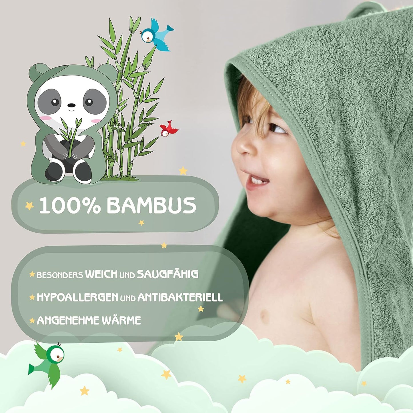 Baby Kapuzenhandtuch mit Ohren, 75x75cm, Kupfer-grün