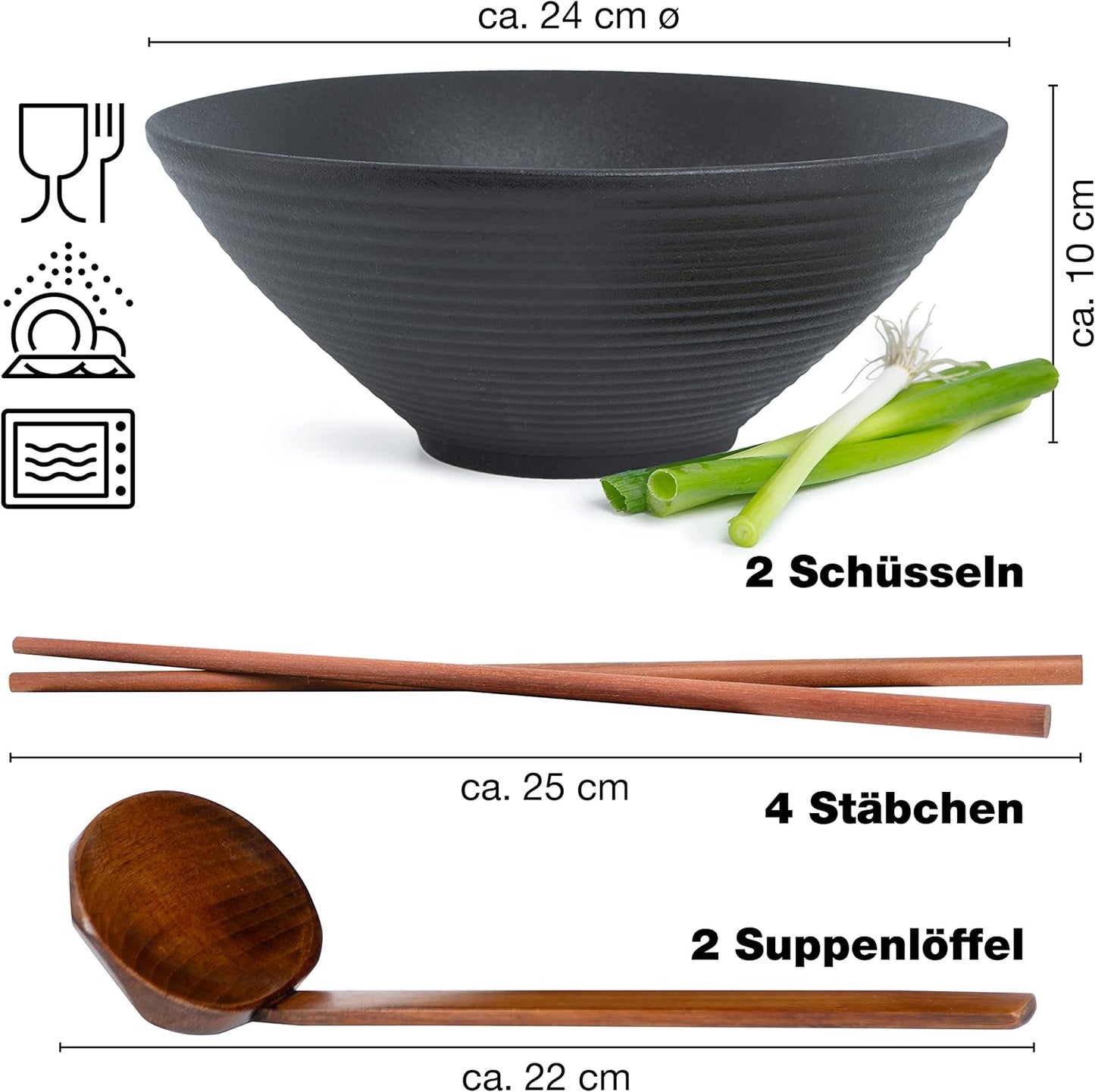 Ramenschüssel-Set mit Stäbchen und Löffel, 2x Schale Schwarz