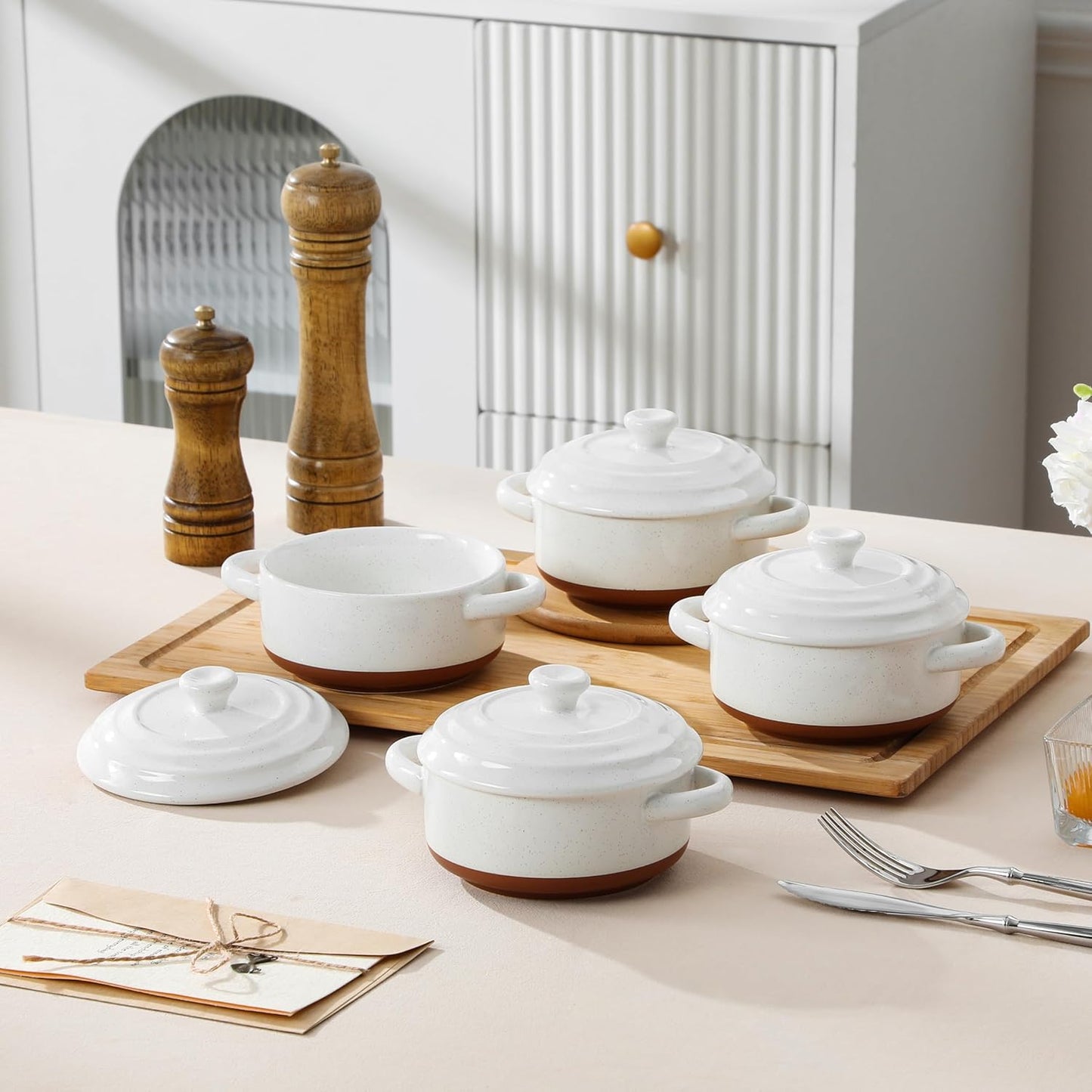 4-teiliges Cocotte Set mit Deckel, Vanilleweiss