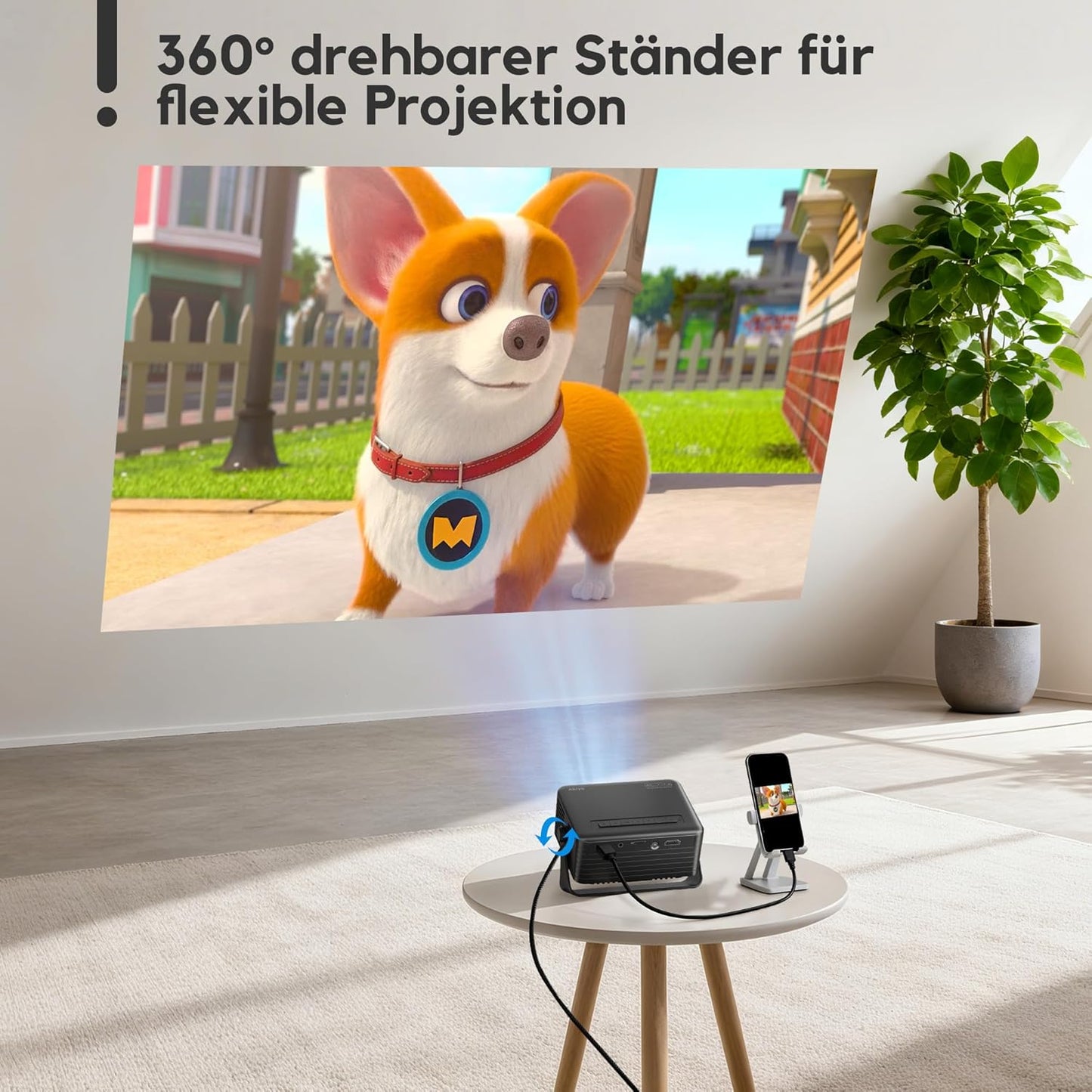 Mini Projektor 1080P, 360° drehbar, Ganz in Schwarz