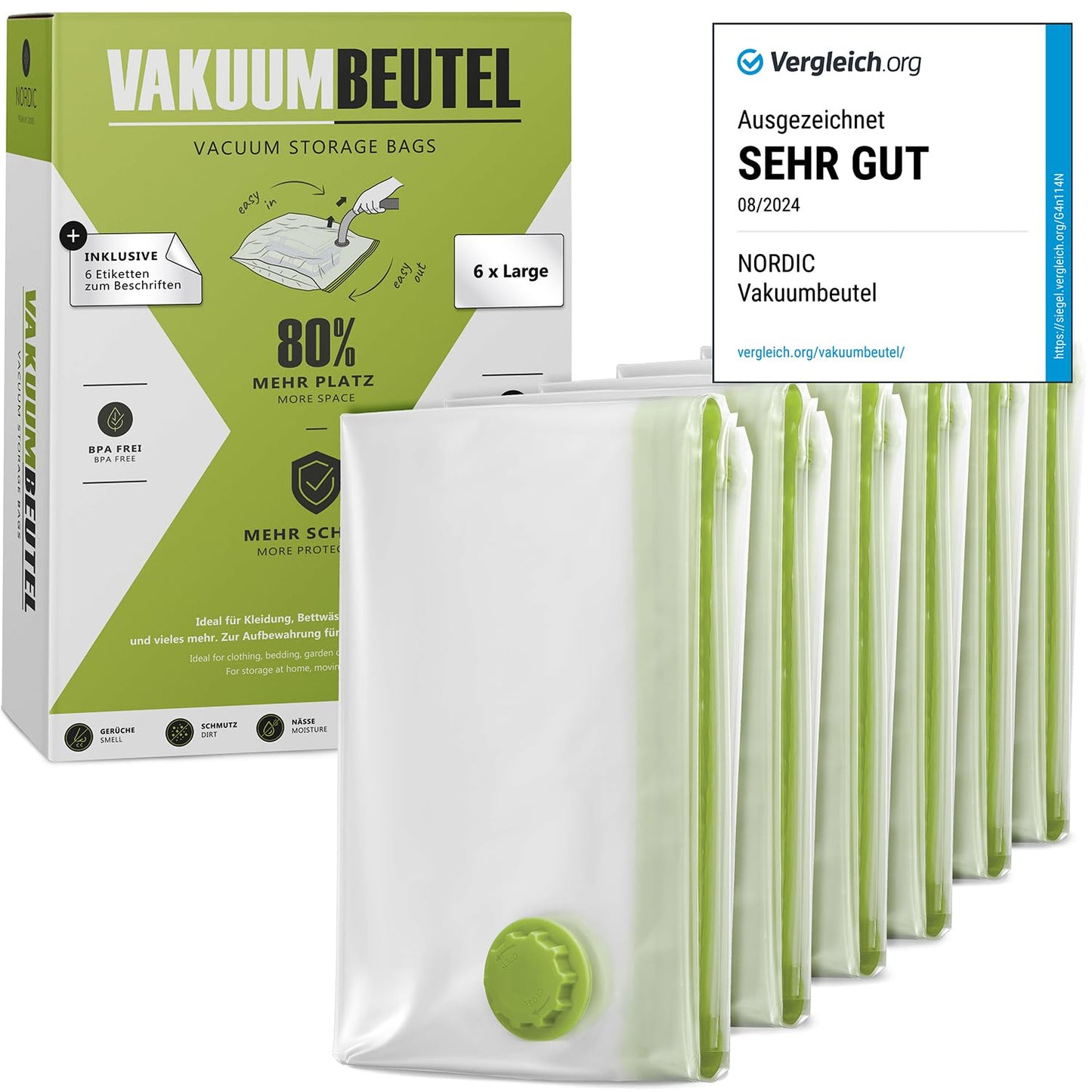 6-teiliges Vakuumbeutel-Set für Kleidung und Bettdecken, 6x - Large (80x60cm)