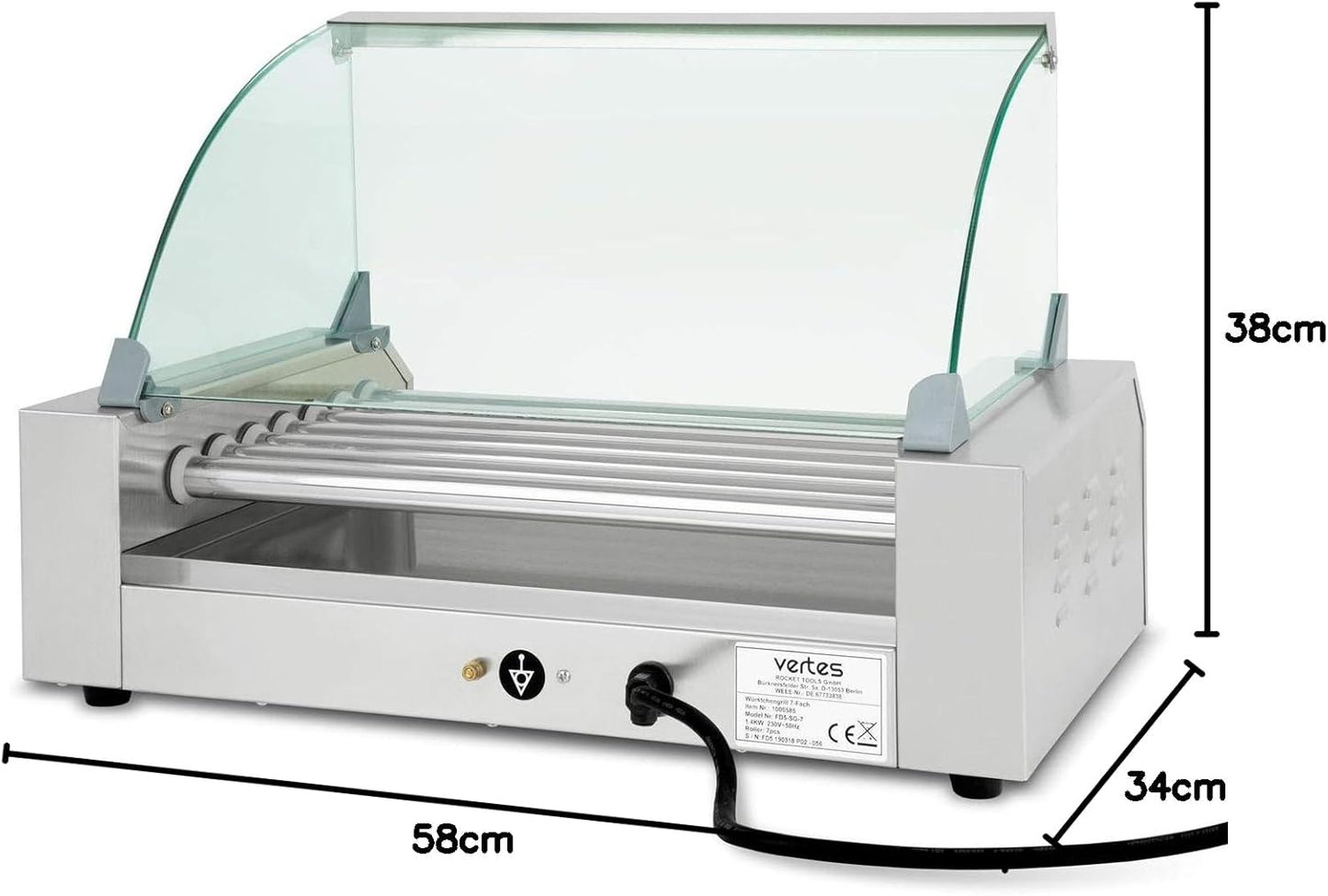 Gastro Hot Dog Maker mit Heizzonen und Glasabdeckung, 7 Walzen