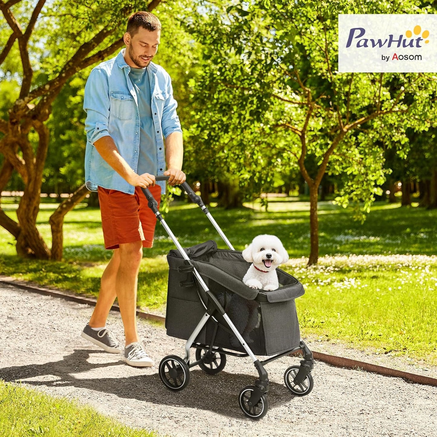 Klappbarer Hundewagen mit Kissen und Netzfenstern, Grau One Size