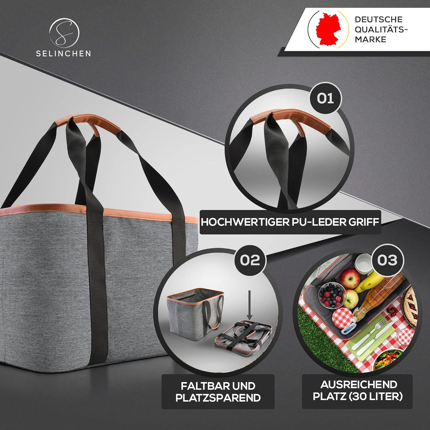 Premium faltbare Einkaufstasche mit PU-Ledergriff, Grau