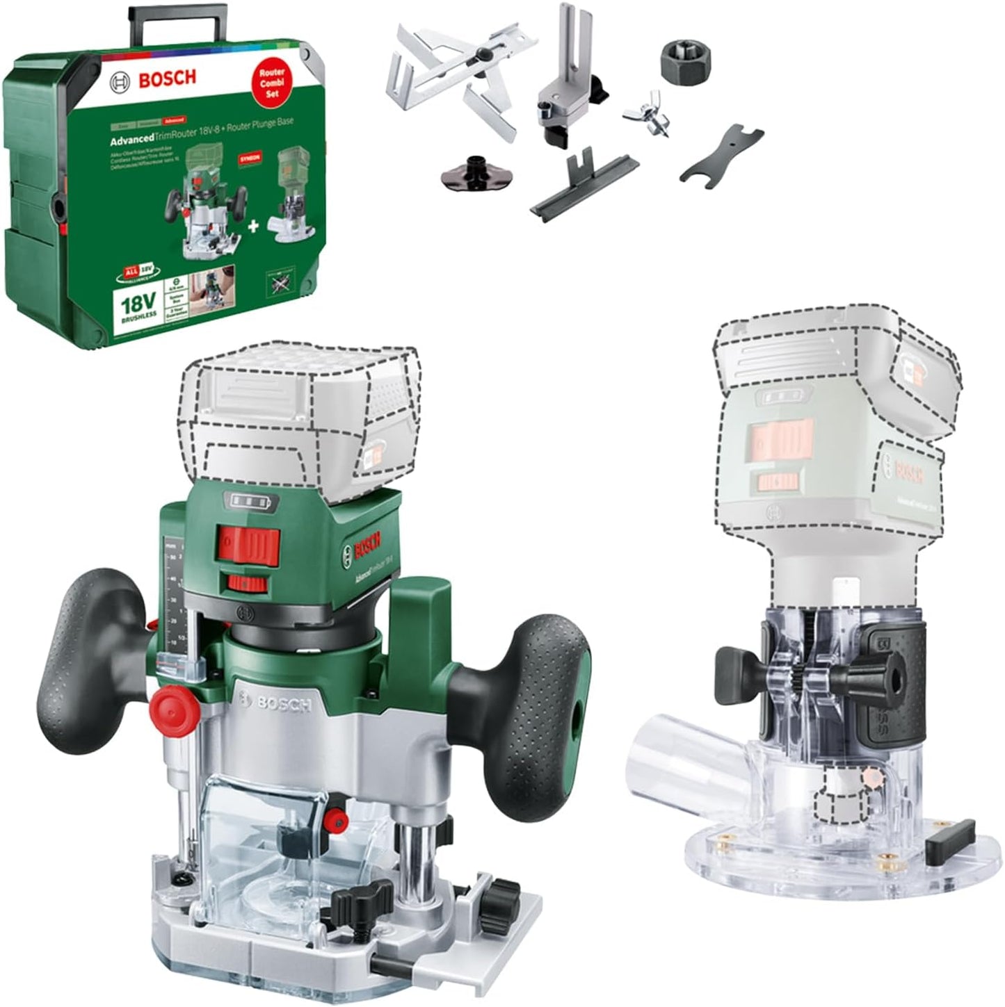 2in1 Akku-Kanten-/Oberfräse AdvancedTrimRouter 18V-8, Taucheinheit und Systembox