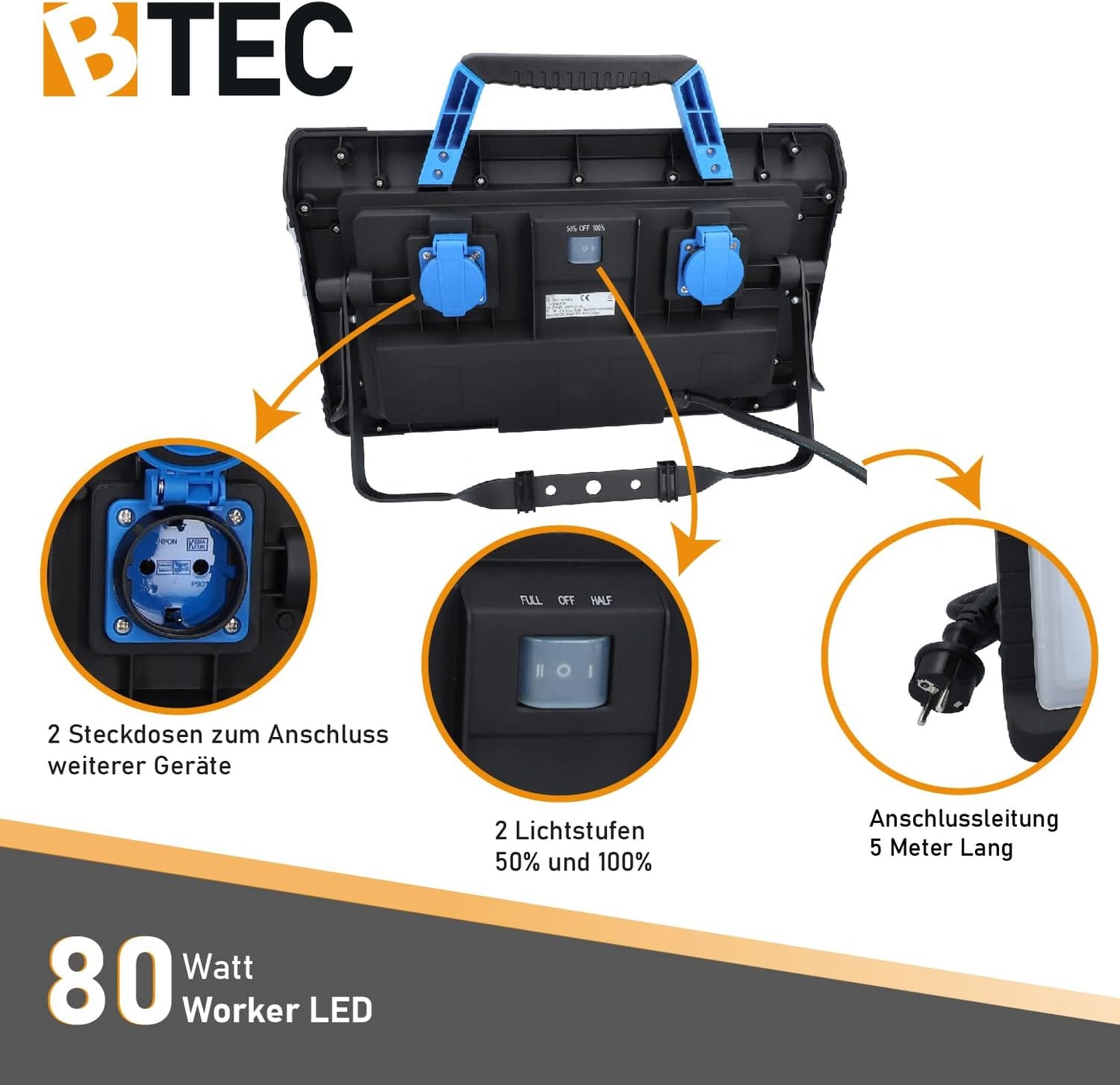 LED-Arbeitsleuchte mit Steckdose, 80 Watt